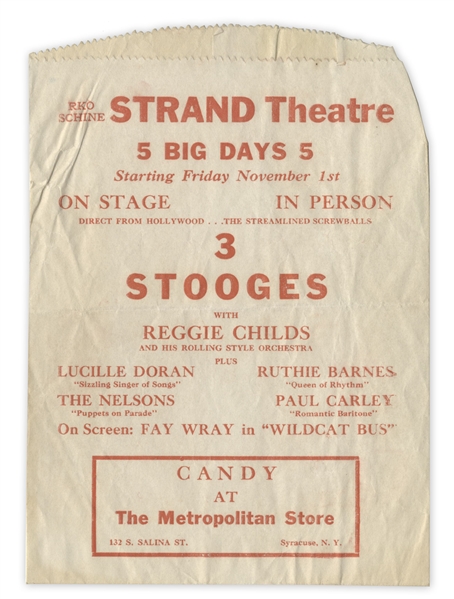 Unique Three Stooges' Promotional Items From 1940, Advertising Their Performance at the Strand Theatre -- Paper Bag Measuring 6'' x 8'' & Napkin Measuring 7'' x 6.75'' -- Very Good